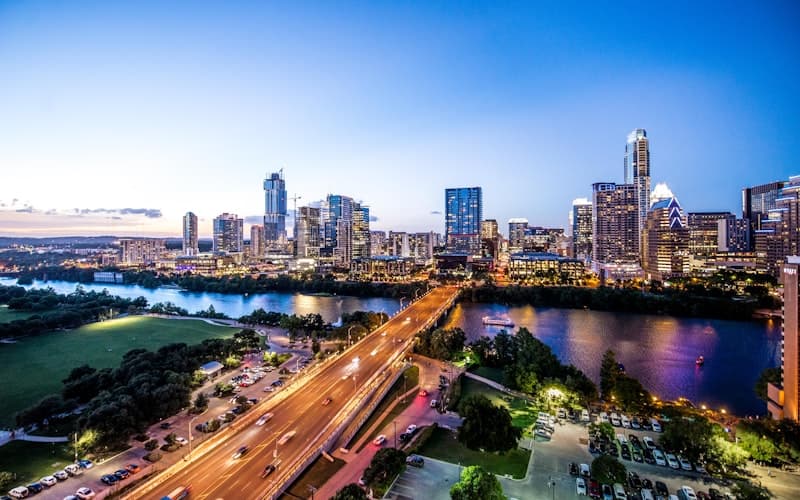 City skyline and highway for pickup and destination planning