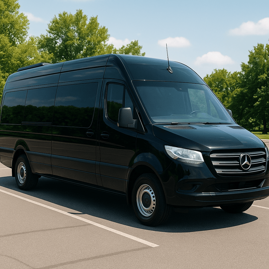 12 Passenger Executive Sprinter exterior view, available for rent in Fort Worth, TX