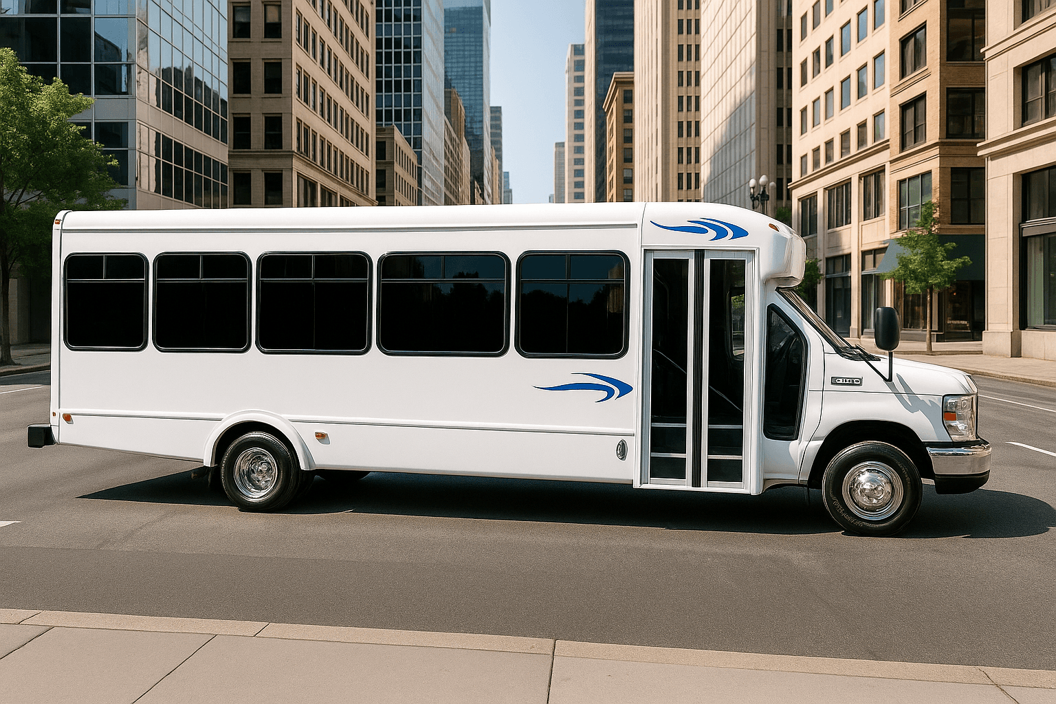 16 Passenger Coach Bus exterior view, available for rent in Fort Worth, TX