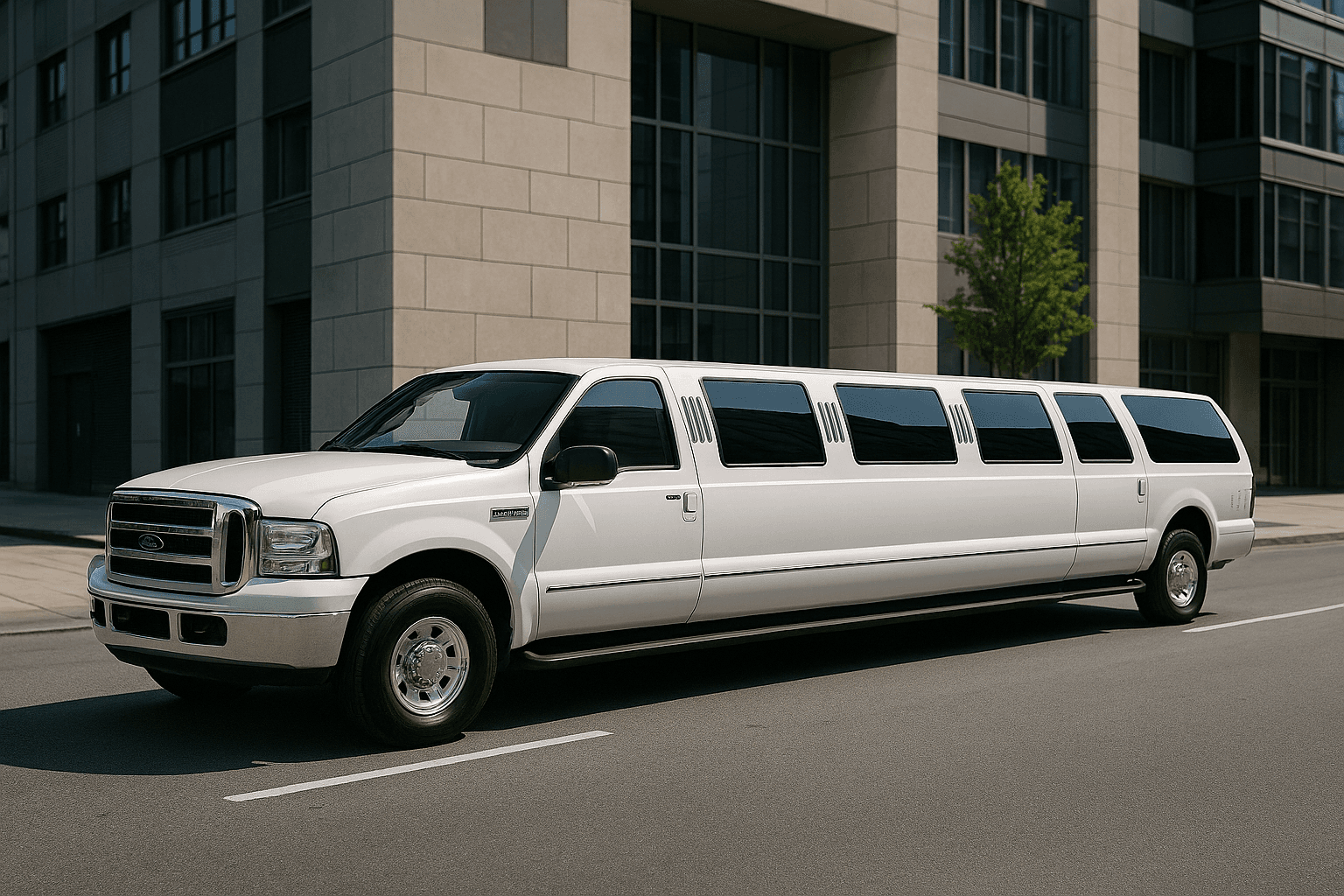 16 Passenger Limousine exterior, a limousine available for rent in Fort Worth, TX