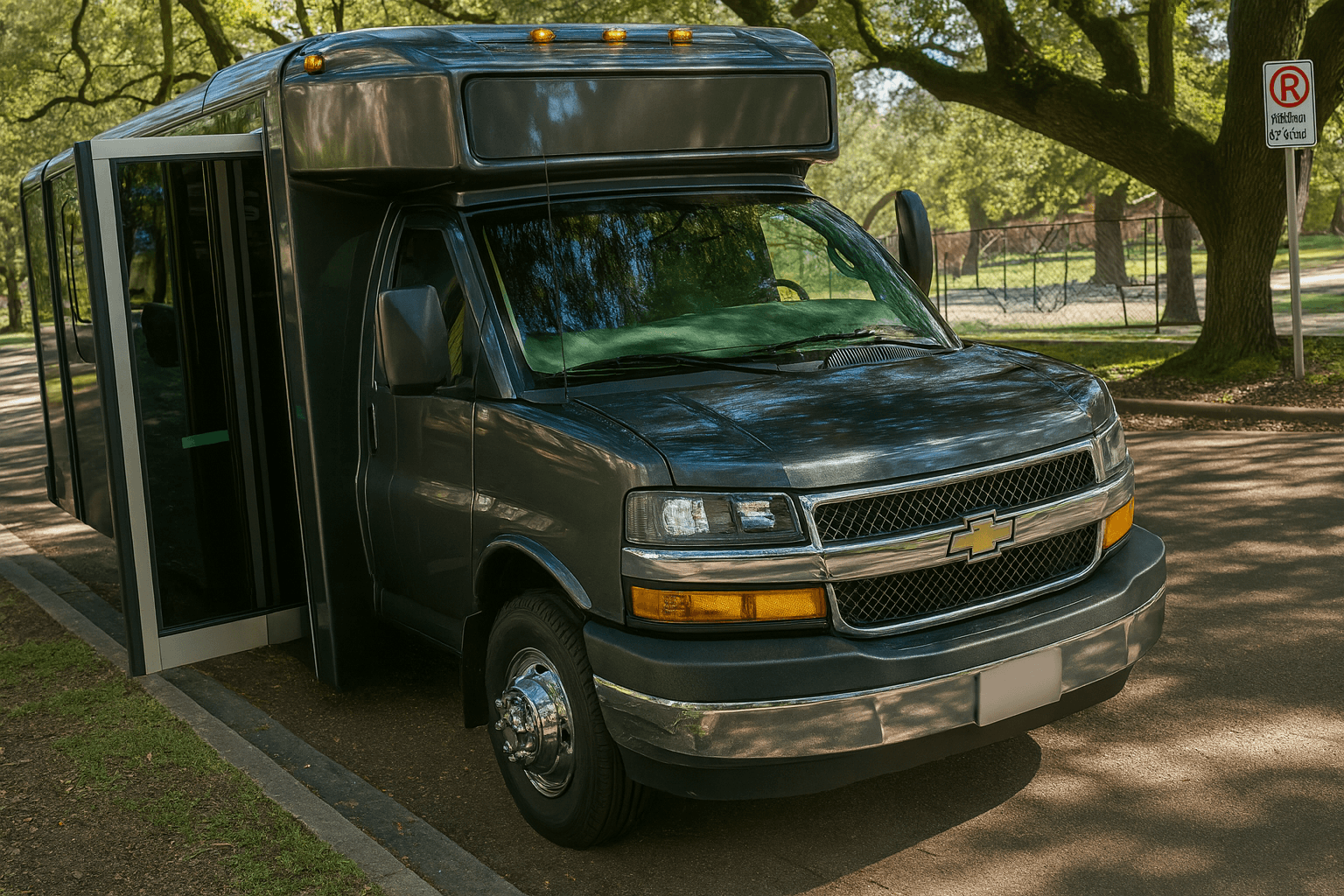 16 Passenger Party Bus exterior view, available for rent in Fort Worth, TX