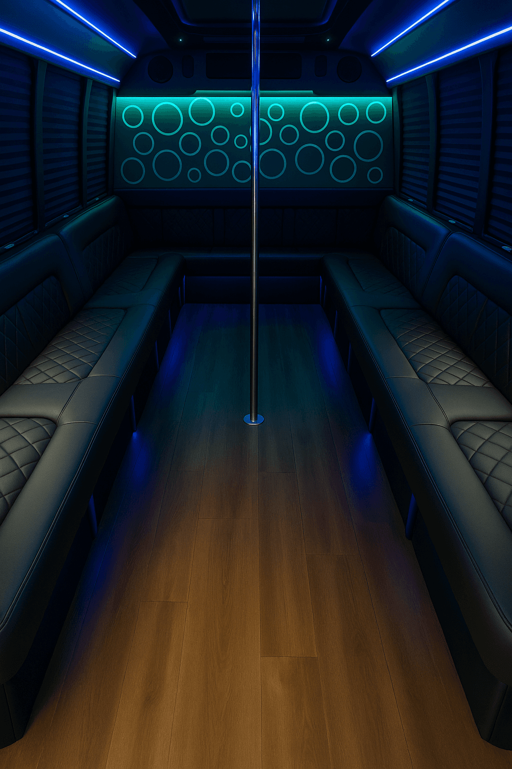 Party bus interior with wraparound seating