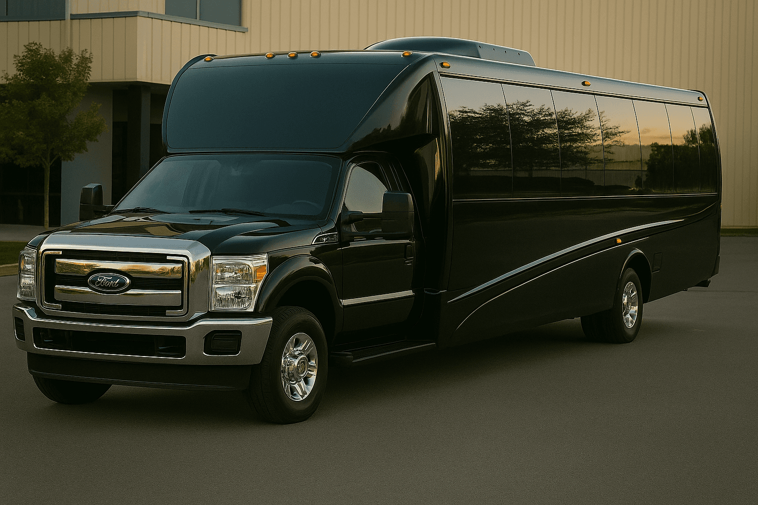 24 Passenger Coach Bus exterior view, available for rent in Fort Worth, TX