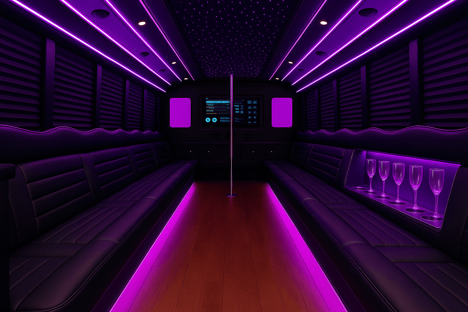 Interior of a 32-passenger Fort Worth party bus with wraparound seating and LED lighting