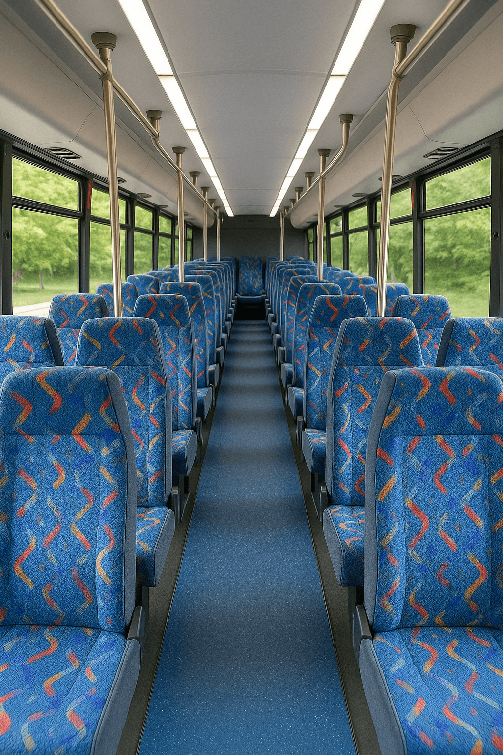 Interior of a 36-passenger coach bus with forward-facing seats used for Fort Worth wedding and corporate shuttles