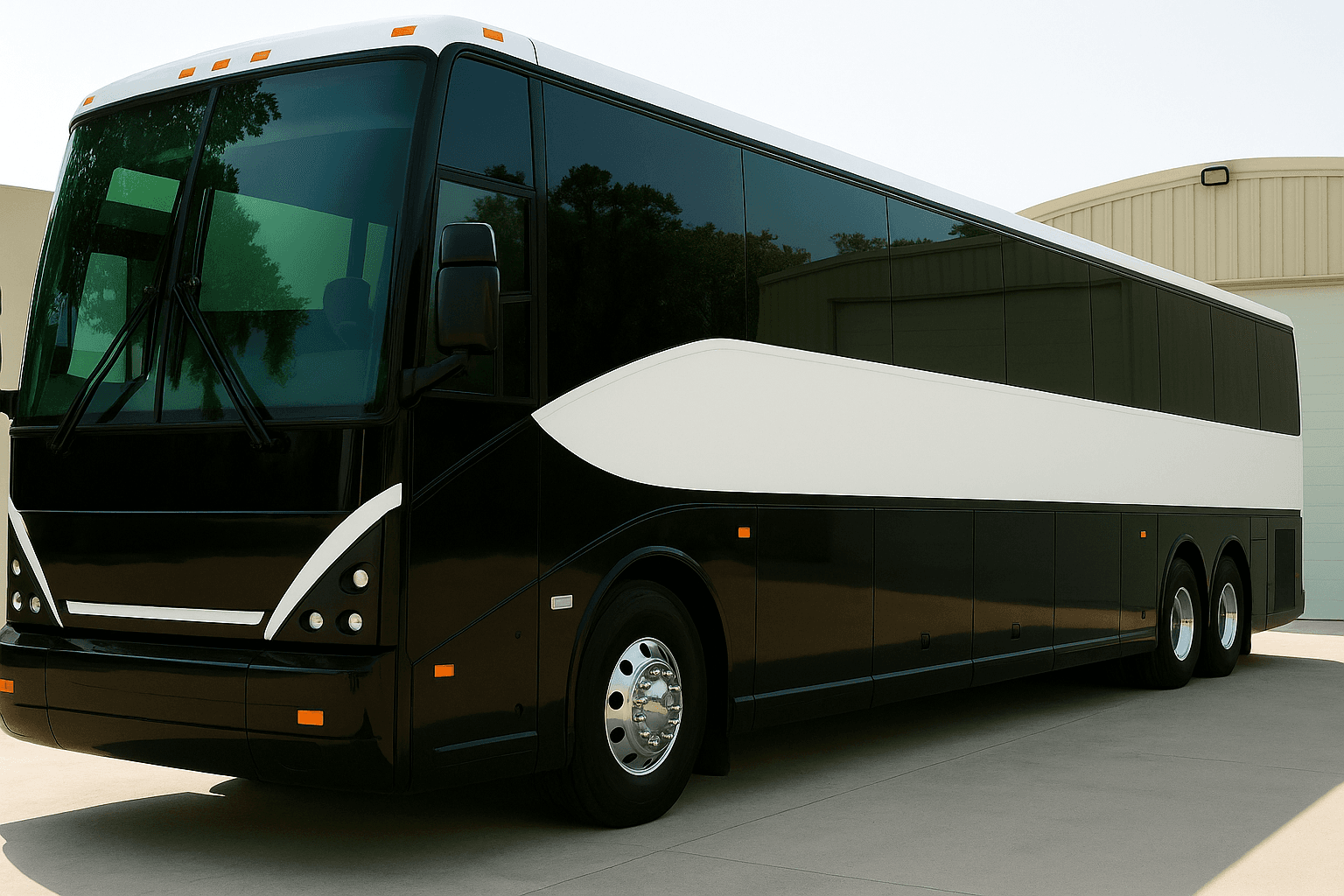 52 Passenger Coach Bus exterior, a coach bus available for rent in Fort Worth, TX
