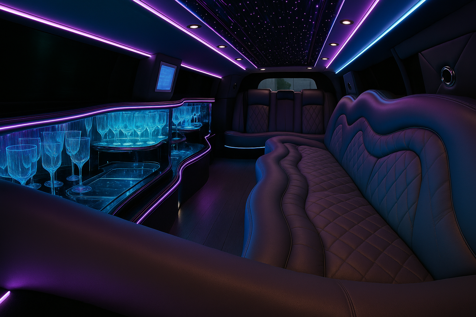 10 Passenger White Limousine interior view — White Exterior, Premium Leather