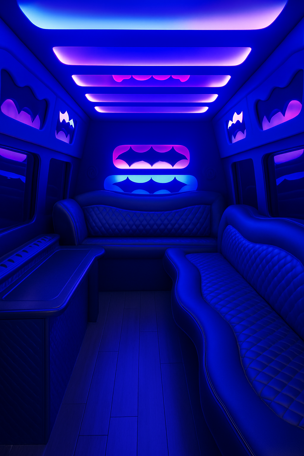 10 Passenger Limo Sprinter interior view — Leather Wraparound Seats, LED Lighting