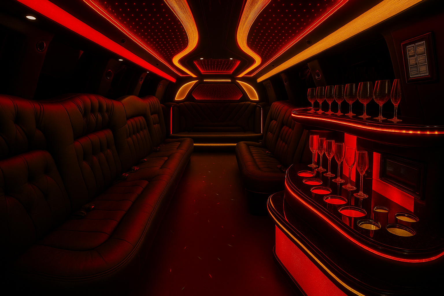 12 Passenger Limousine interior view — Stretch Design, Leather Interior