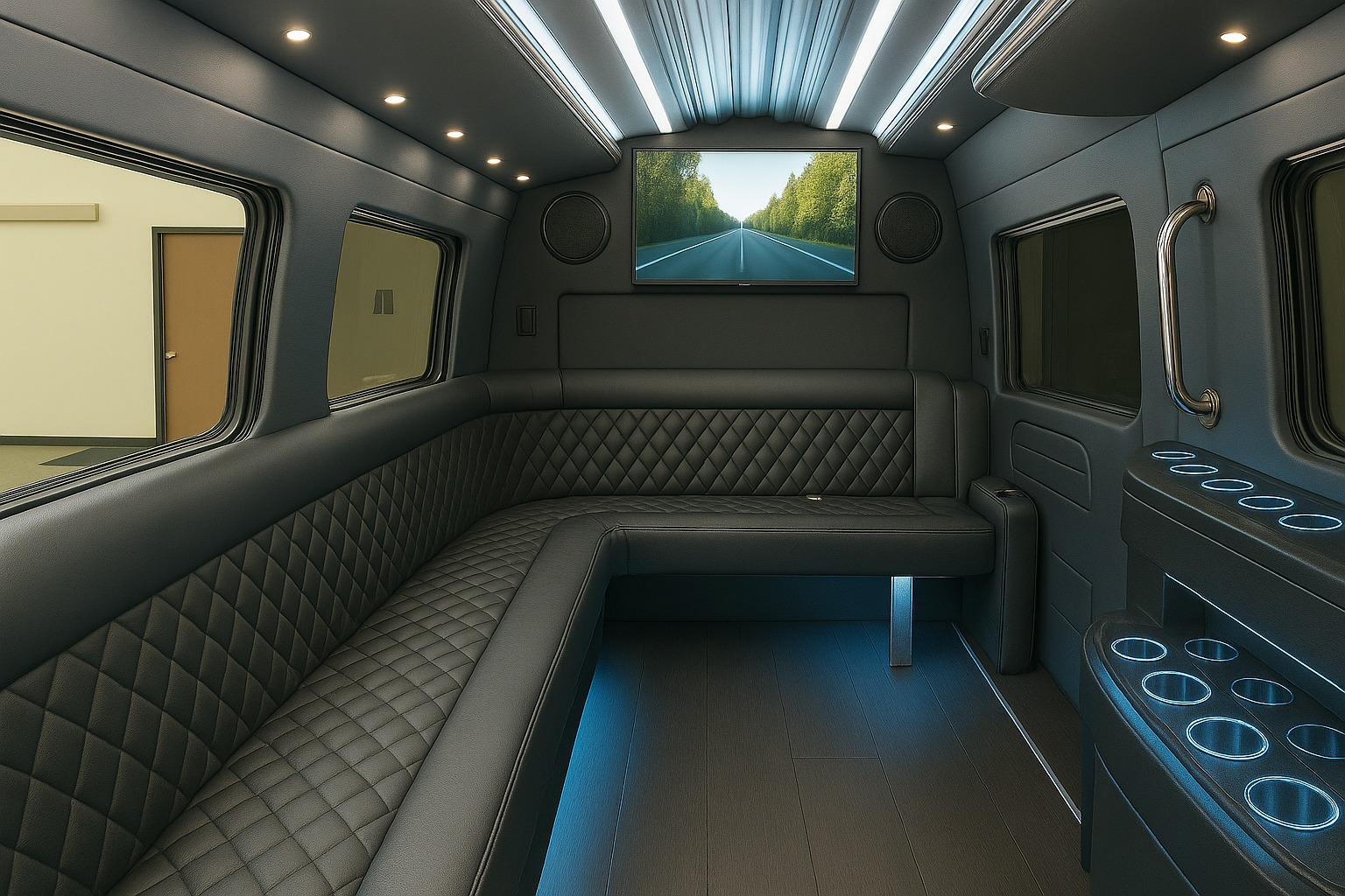 12 Passenger Limo Sprinter interior view — Leather Wraparound Seats, Laser Lights