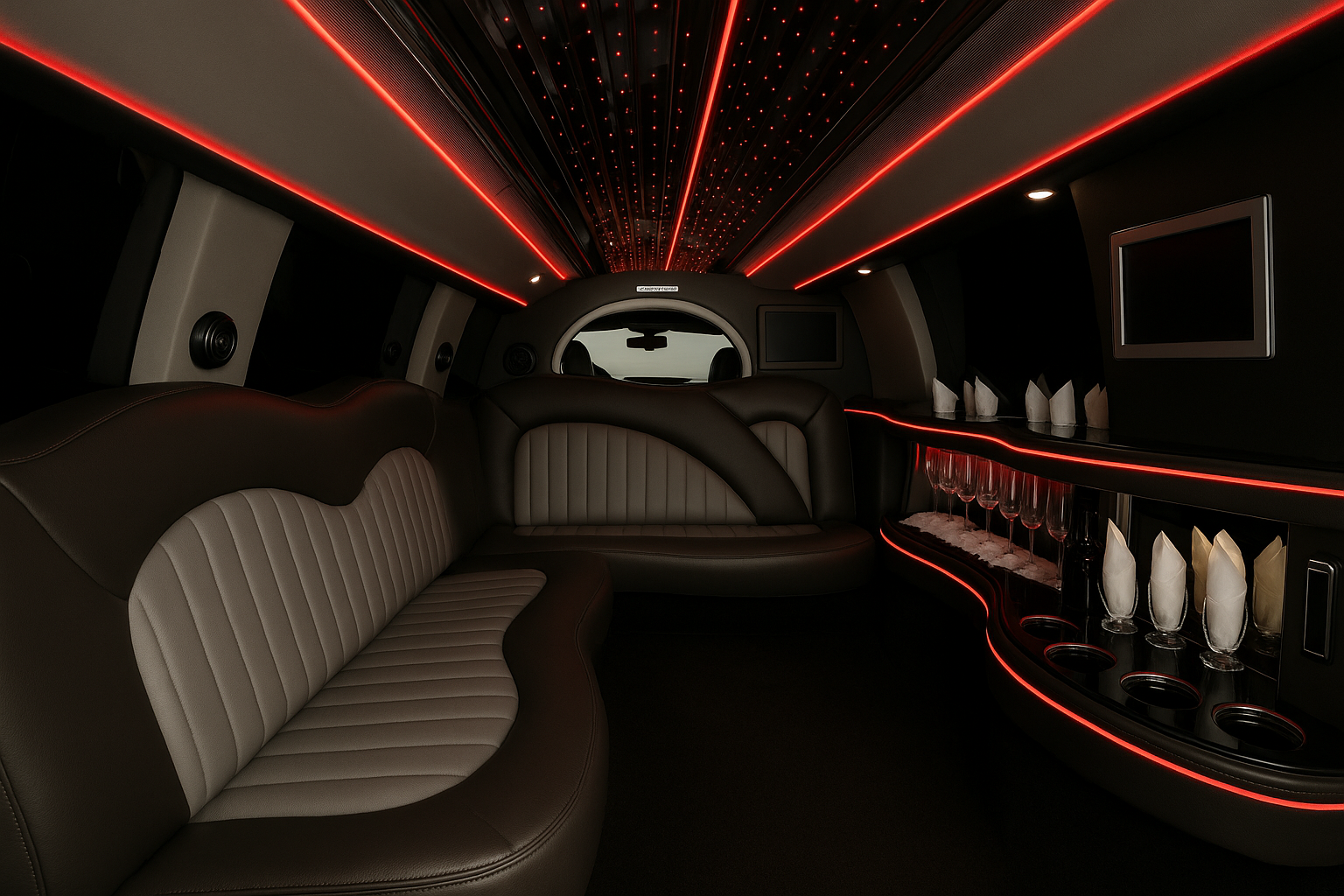 14 Passenger Limousine interior view — SUV Stretch Design, Leather Interior