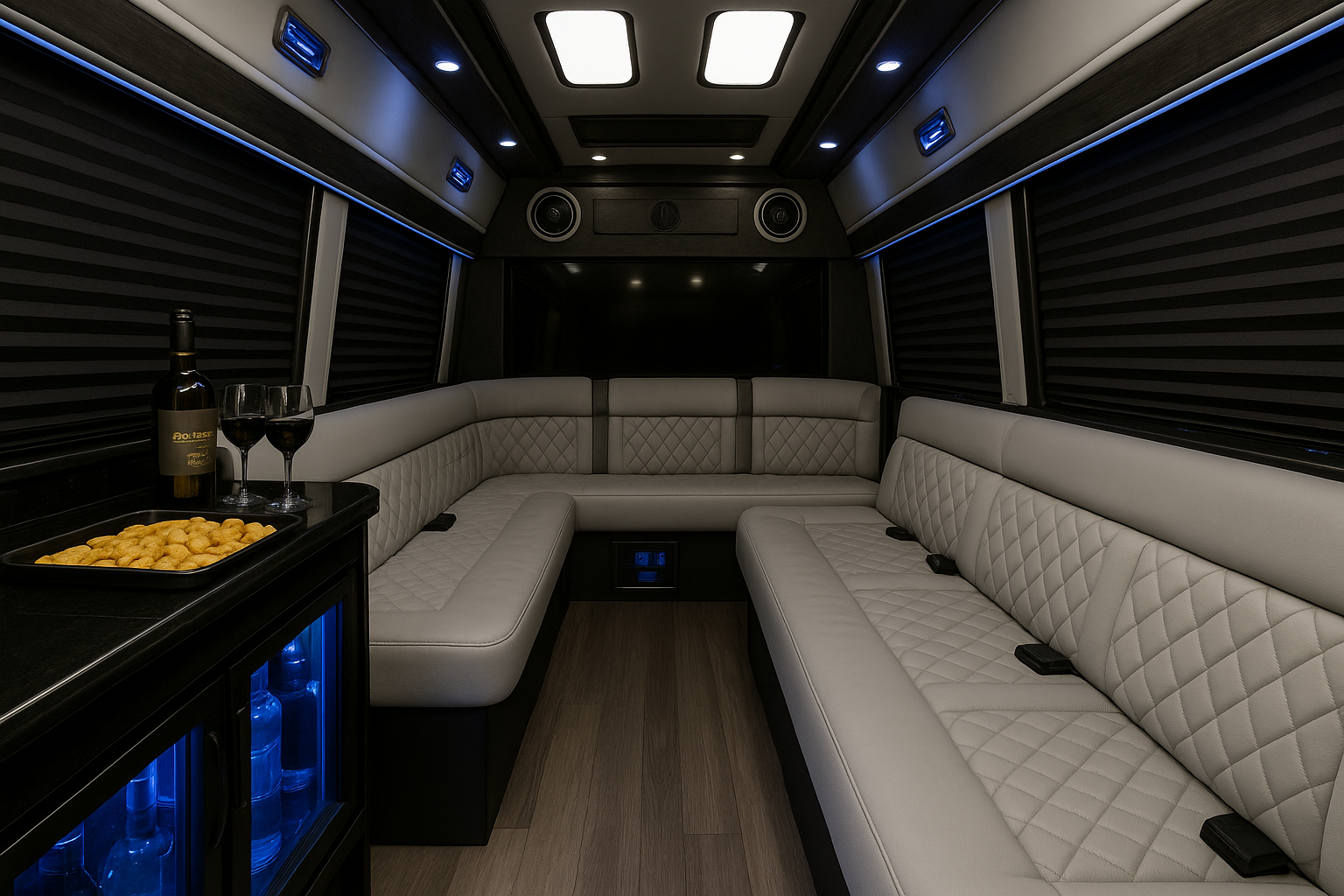 14 Passenger Limo Sprinter interior view — Premium Leather Seats, Laser Lights