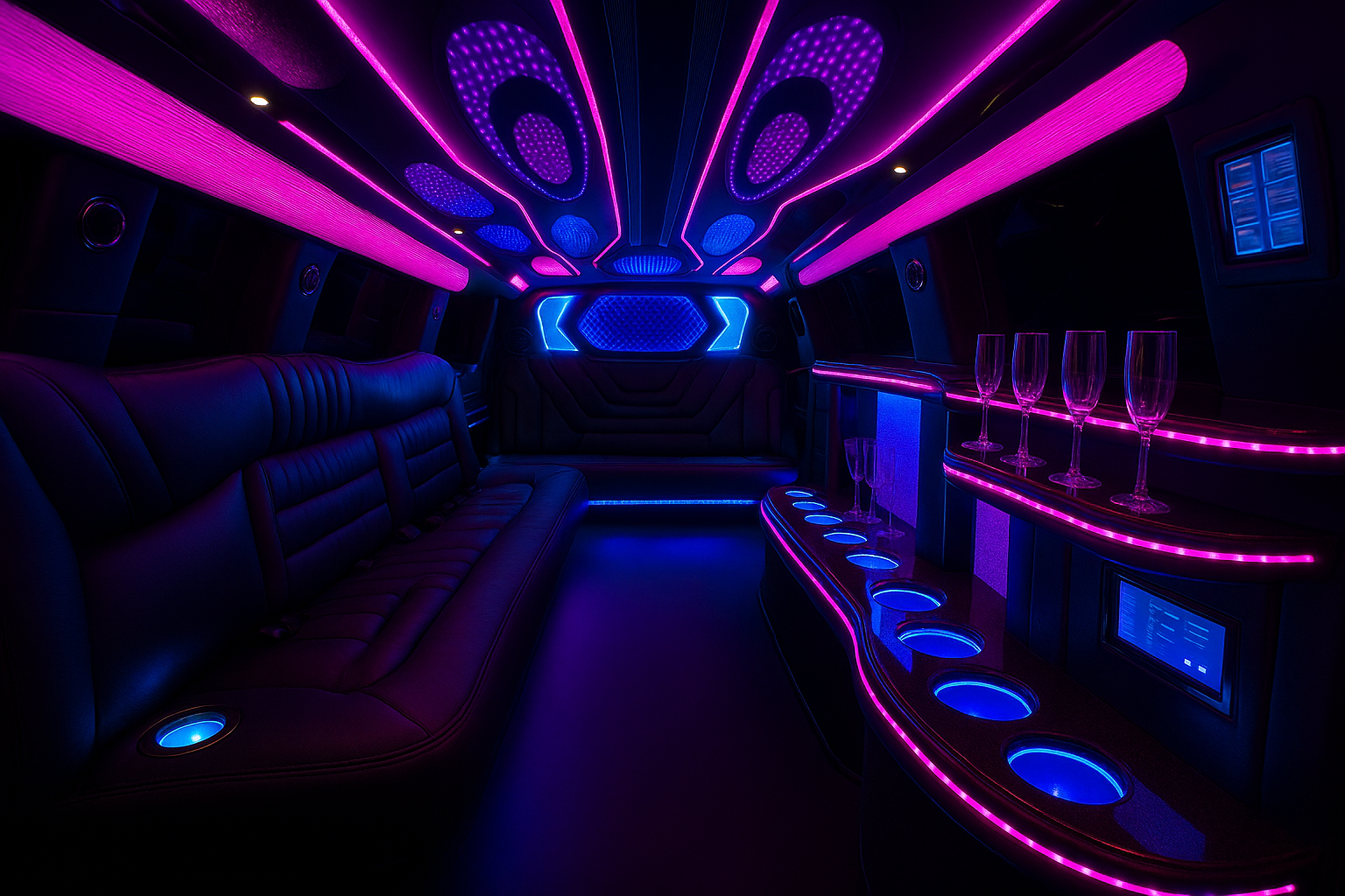 18 Passenger Limousine interior view — Stretch SUV Chassis, Multiple Wet Bars