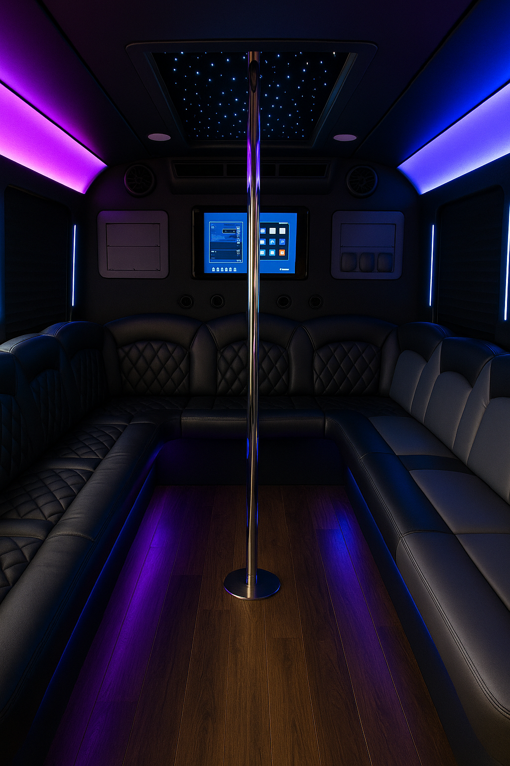 18 Passenger Party Bus interior view — Leather Wraparound Seats, Laser Lights