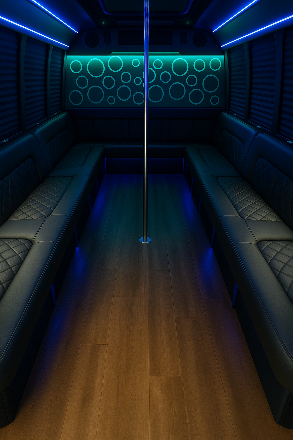 20 Passenger Party Bus interior view — Deluxe Leather Seating, Laser Lights