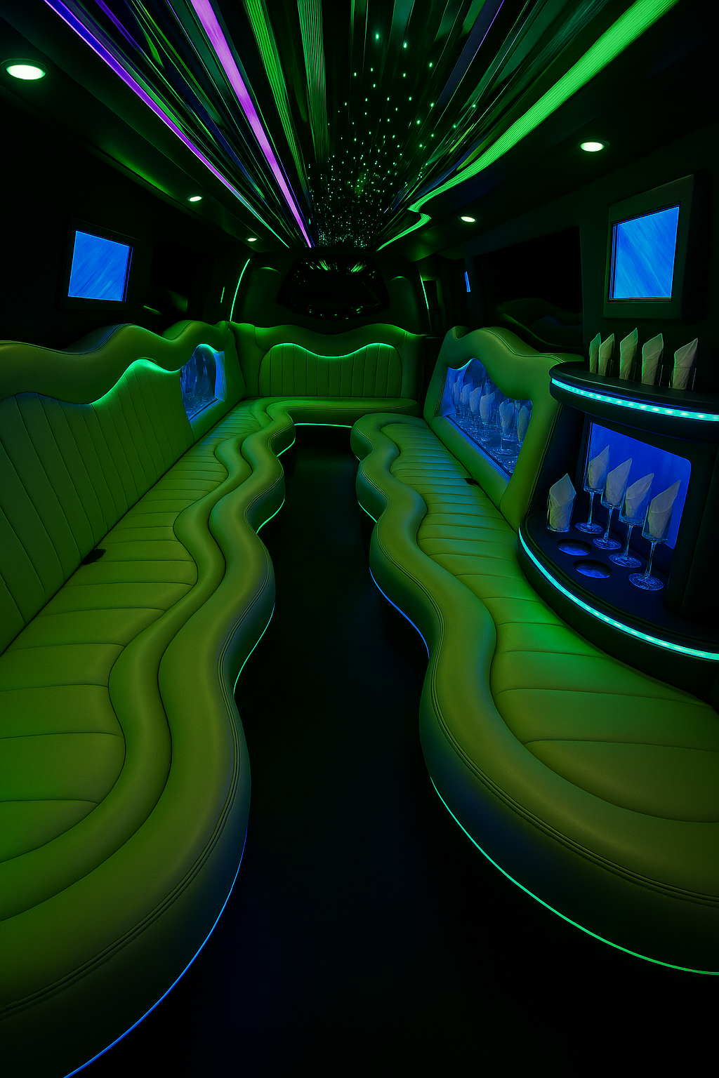 22 Passenger Limousine interior view — Largest Limo Available, Multiple Wet Bars