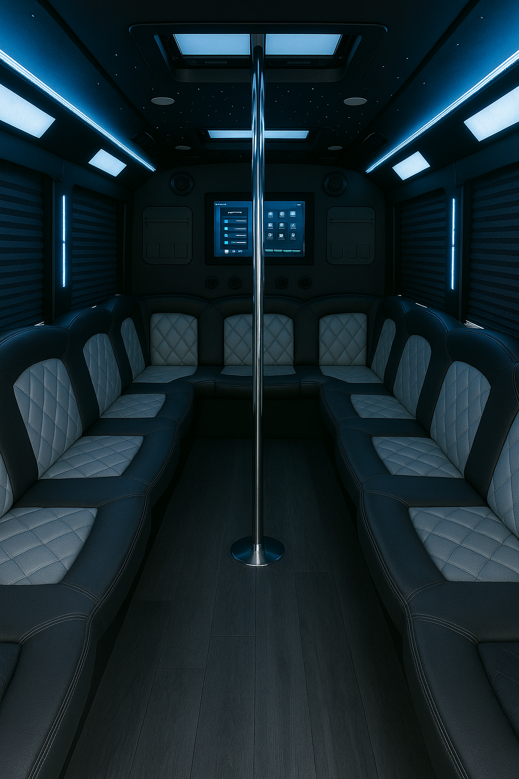 22 Passenger Party Bus interior view — Leather Wraparound Seats, Laser Lights
