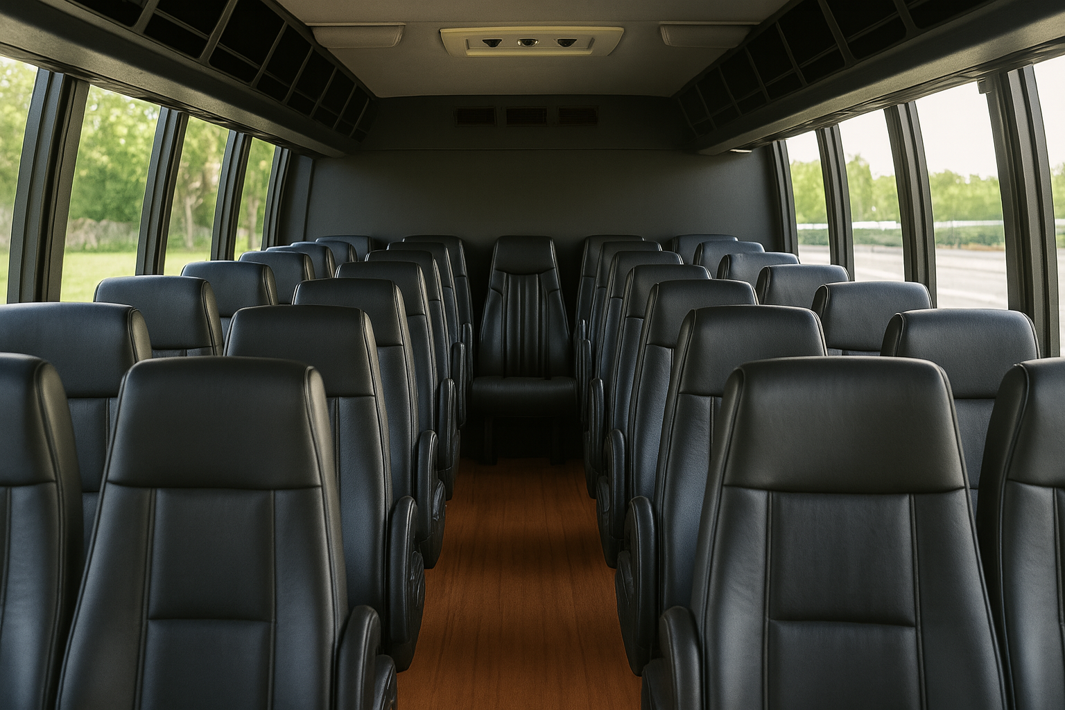 24 Passenger Coach Bus interior view — Forward-Facing Seats, Seatbelts