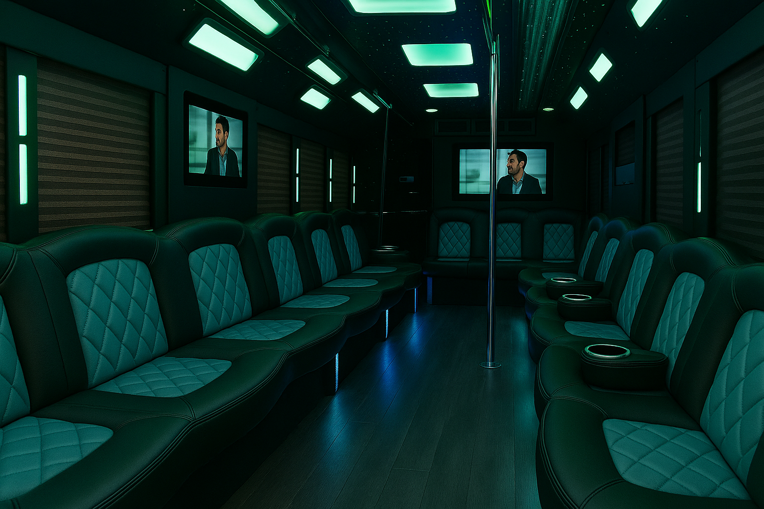 24 Passenger Party Bus interior view — Laser Lights, TV