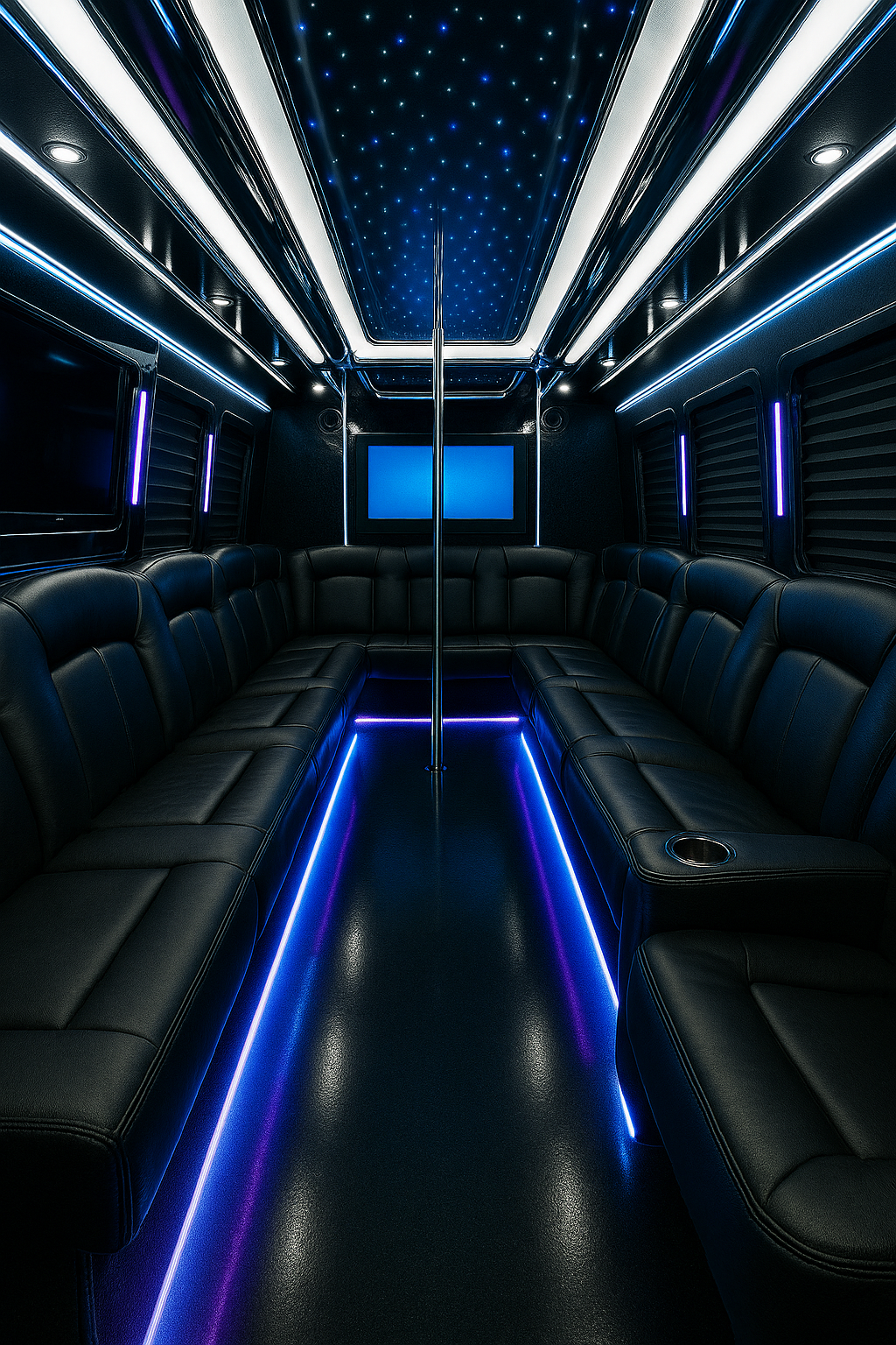 26 Passenger Party Bus interior view — Rich Leather Seats, Laser Lights