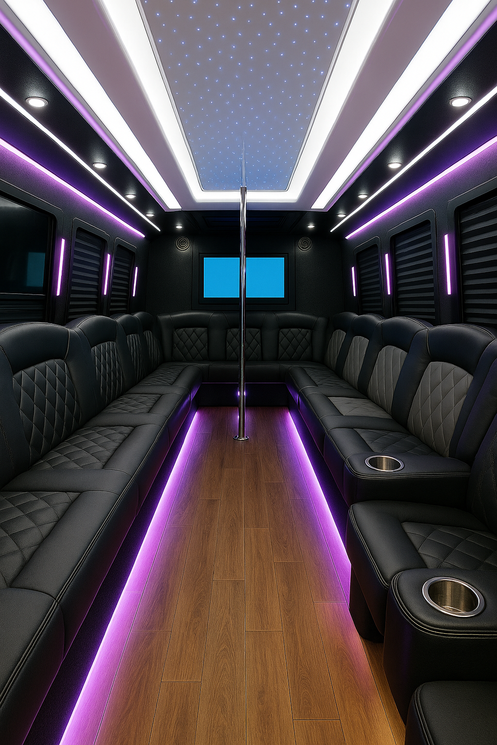 28 Passenger Party Bus interior view — Premium Leather Seats, Optional Dance Pole