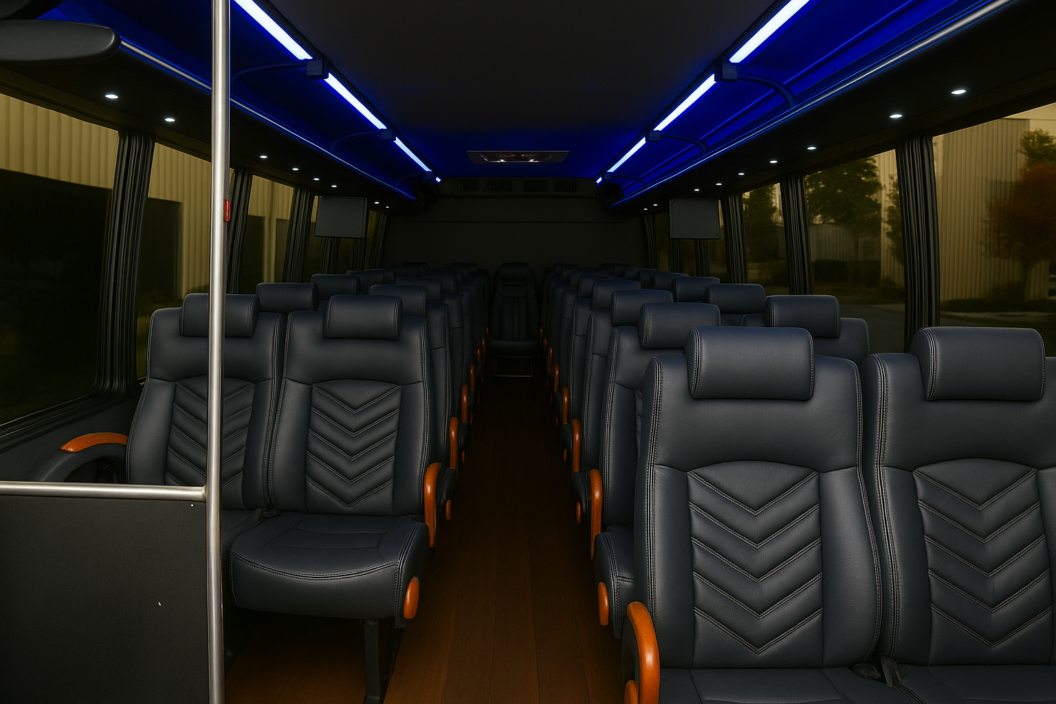 30 Passenger Coach Bus interior view — Spacious Interior, Seatbelts
