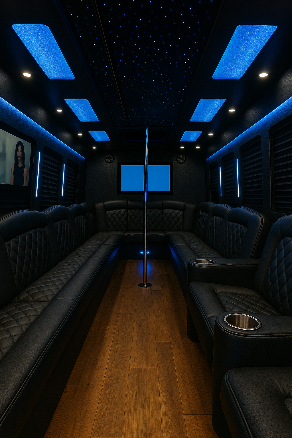 30 Passenger Party Bus interior view — Laser Lights, Custom-Built Bar