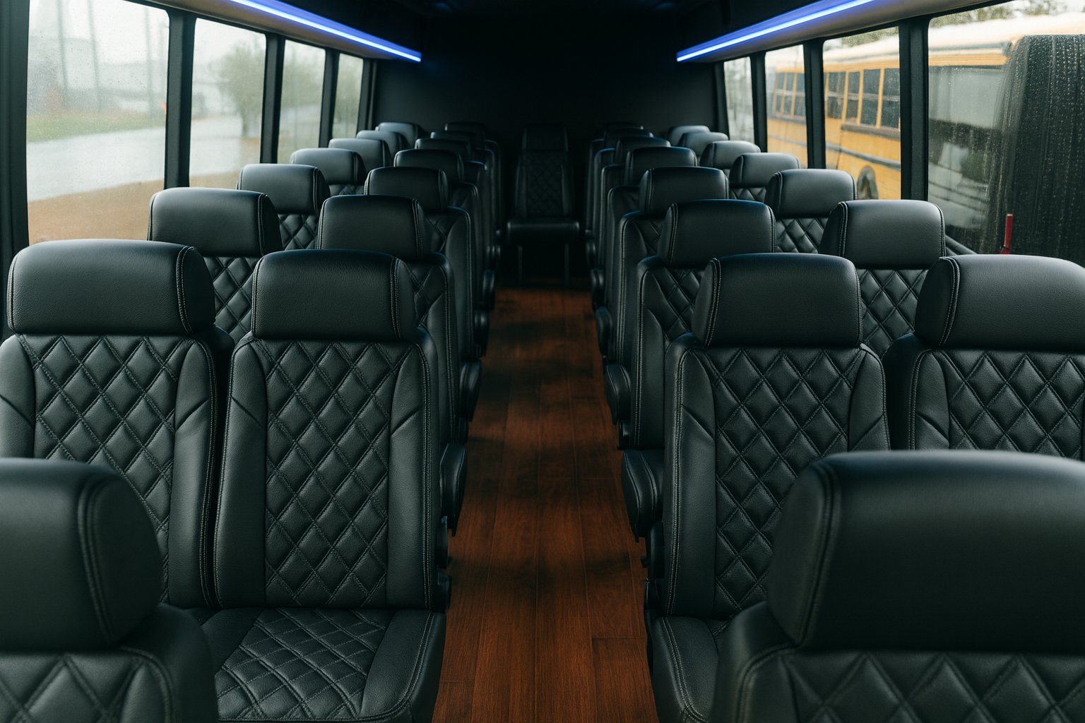 32 Passenger Coach Bus interior view — Overhead Storage, Generous Legroom