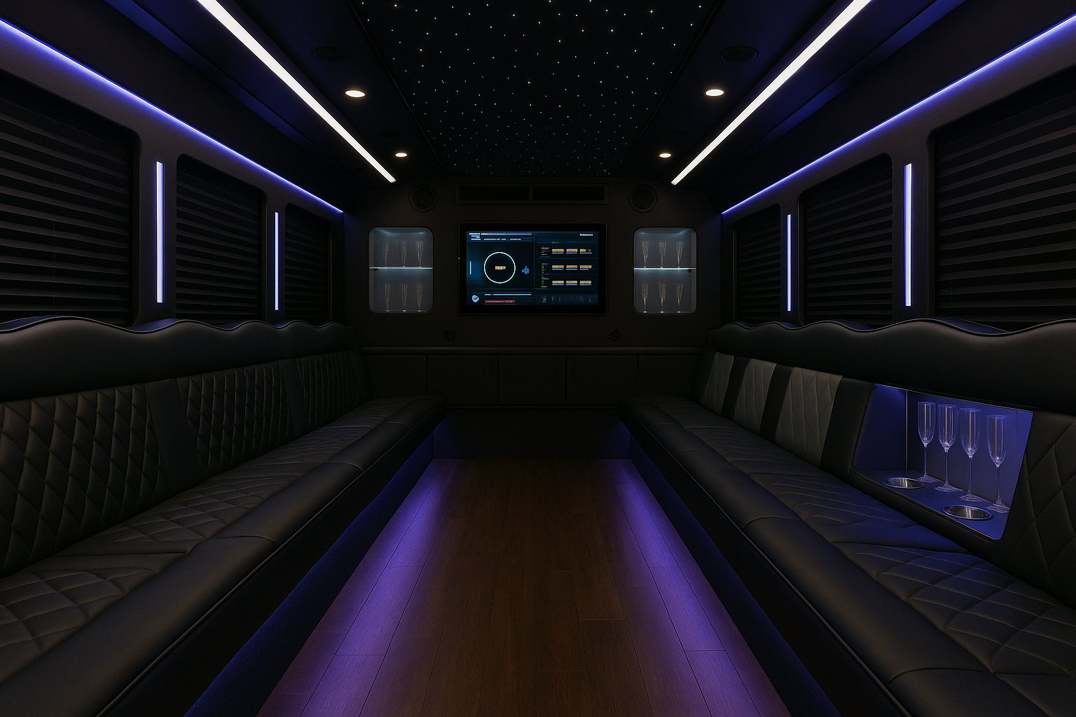 34 Passenger Party Bus interior view — Removable Dance Poles, Multiple Wet Bars