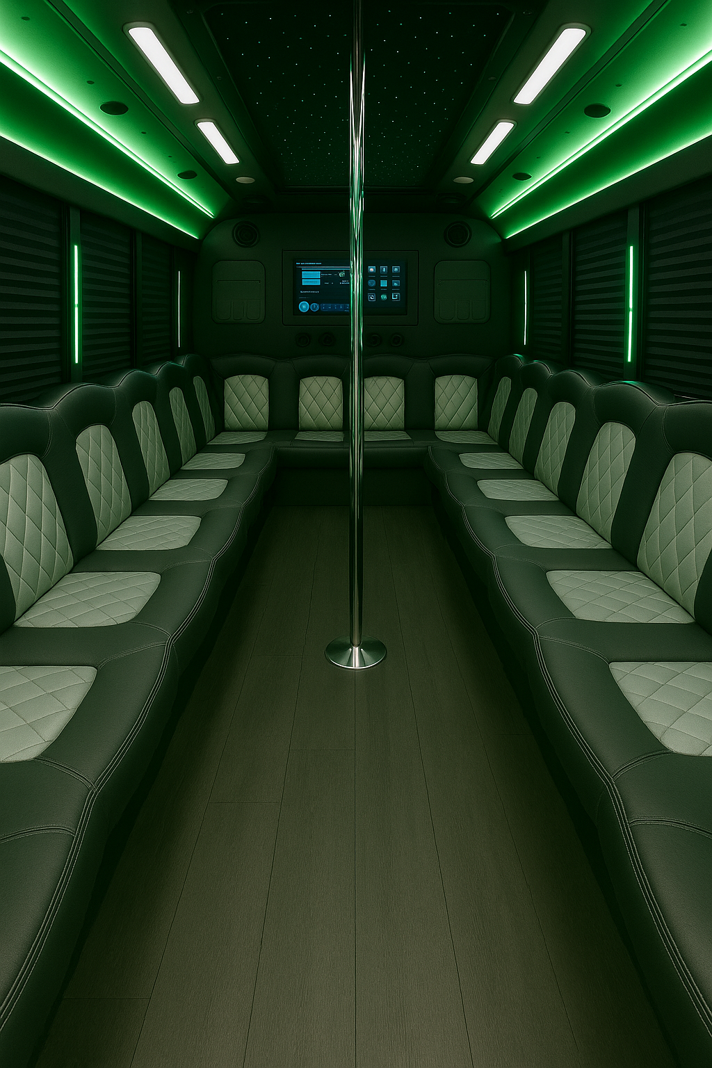 36 Passenger Party Bus interior view — Removable Dance Poles, Multiple Wet Bars