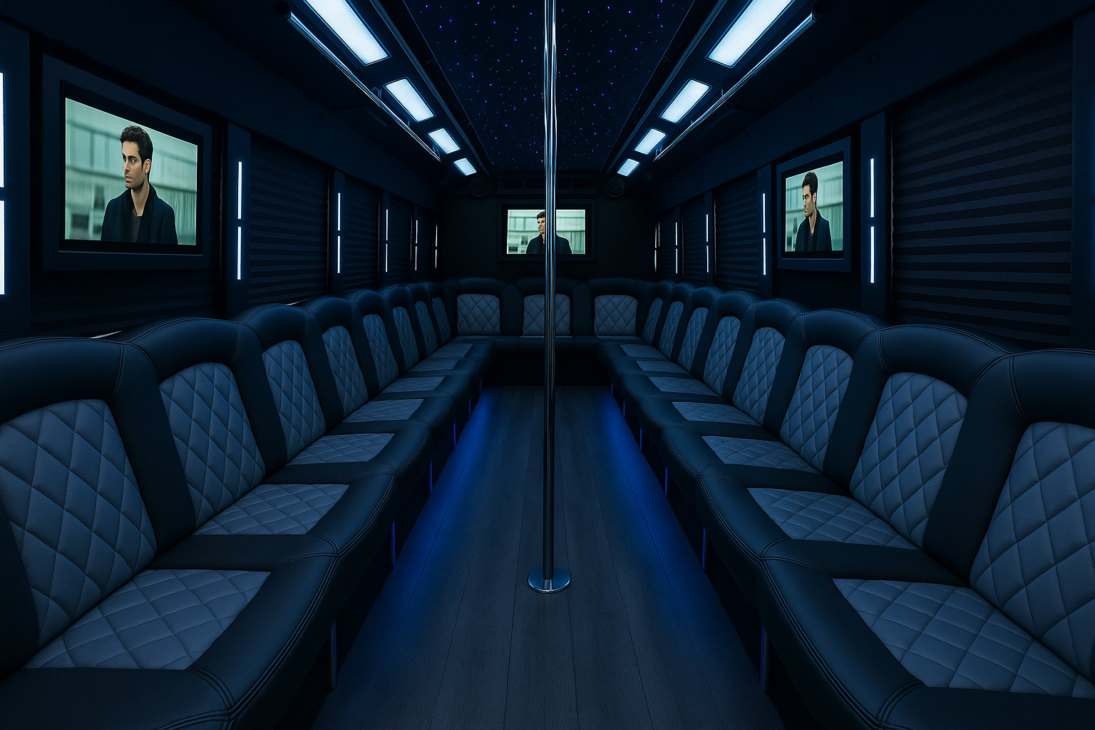 45 Passenger Party Bus interior view — Leather Seats, Laser Lights