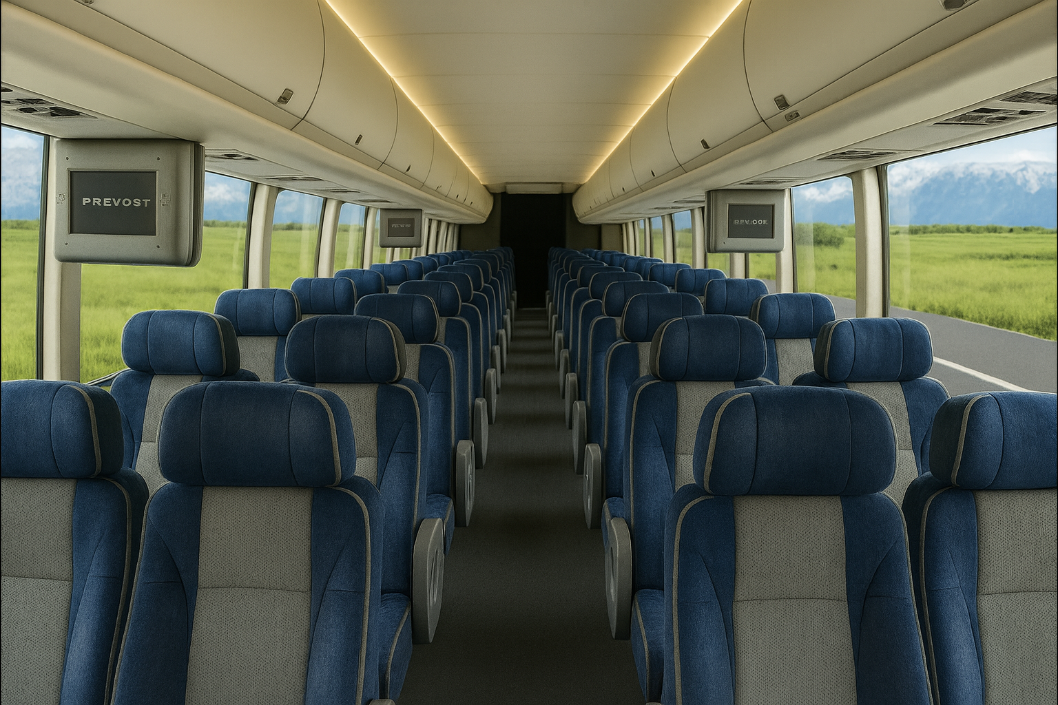 50 Passenger Coach Bus interior view — Full-Size Motorcoach, Seatbelts