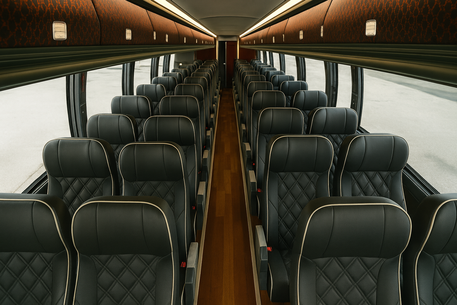 54 Passenger Coach Bus interior view — Full-Size Motorcoach, Luxury Leather Seats