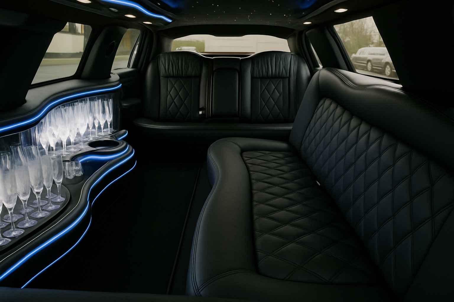 8 Passenger Limousine interior view — Premium Leather Interior, Wet Bar