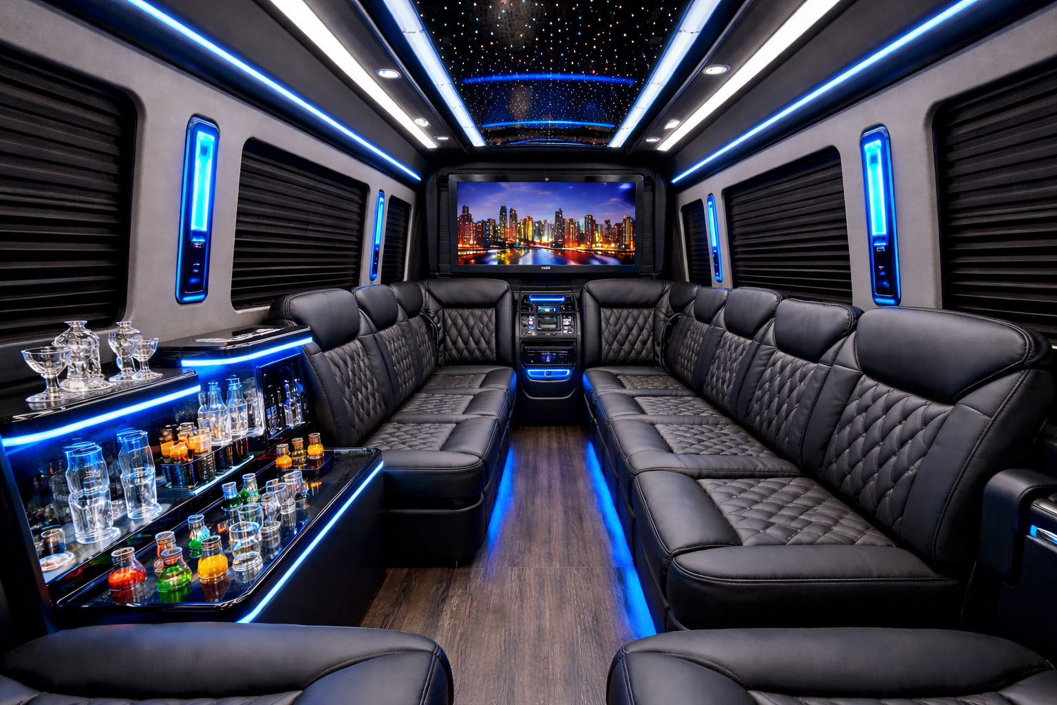 8 Passenger Limo Sprinter interior view — Premium Leather Seats, LED Ambient Lighting